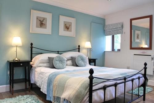 A cozy bedroom with a blue-themed decor, featuring a neatly made bed with patterned bedding, framed artwork on the walls, and soft lighting, ideal for travelers seeking a tranquil and inviting accommodation experience.