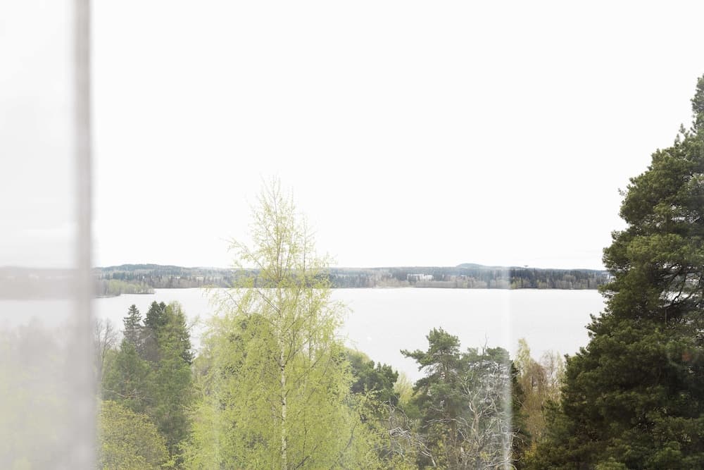 A serene lakeside view framed by lush green trees under an overcast sky, ideal for tranquil nature retreats and photography enthusiasts.
