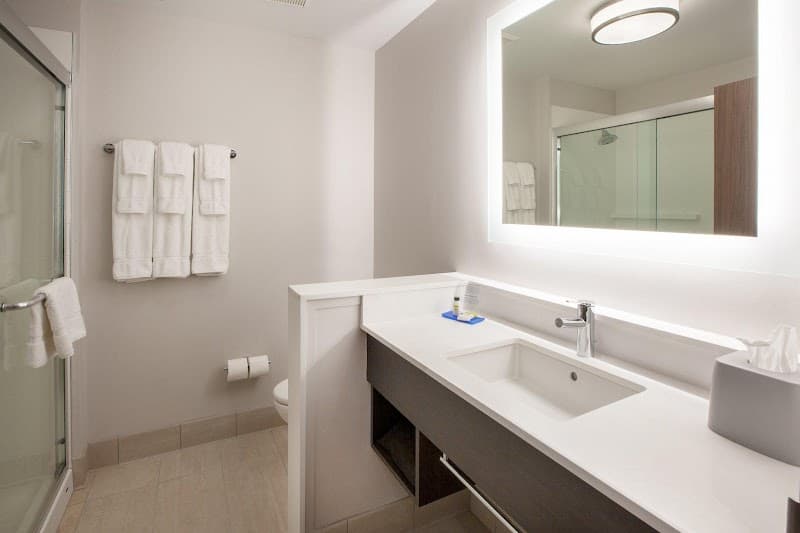 A modern, clean hotel bathroom at the Holiday Inn Express Jamaica near JFK Airport features a sleek vanity, glass shower, neatly folded towels, and a bright, inviting atmosphere ideal for travelers seeking comfort and convenience.