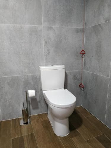 A modern bathroom with sleek gray tiled walls, wooden flooring, a white toilet, and a red safety grab bar offers a clean and accessible space ideal for travelers seeking comfort and convenience.