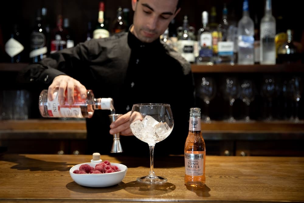A bartender pours gin into a glass filled with ice beside a bottle of tonic water and a bowl of raspberries in a cozy bar setting, ideal for travelers seeking a sophisticated cocktail experience.