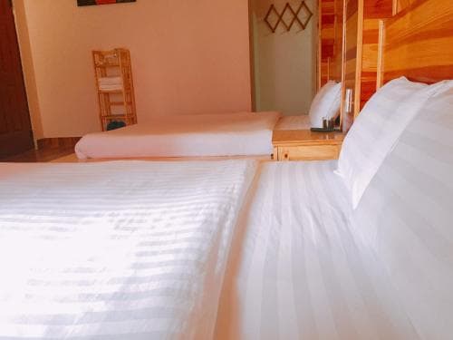 A cozy hotel room with neatly arranged twin beds, wooden furnishings, and soft lighting creates a welcoming atmosphere ideal for travelers seeking comfort and relaxation.
