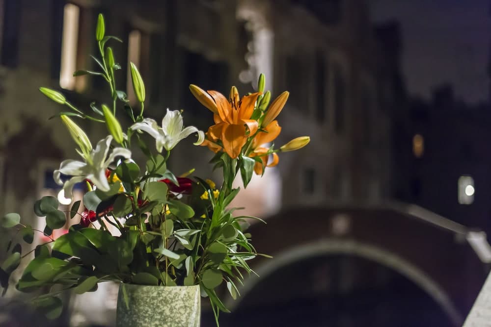 A serene night scene features vibrant orange and white lilies in a vase, set against the backdrop of an illuminated historic building, ideal for travelers seeking cultural ambiance and photography opportunities.