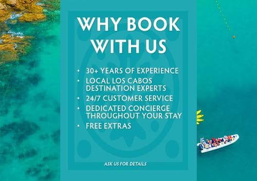 An aerial view of vibrant turquoise waters and rocky shores frames a promotional graphic highlighting expert Los Cabos travel services, ideal for travelers seeking personalized and experienced assistance in booking their dream vacation.