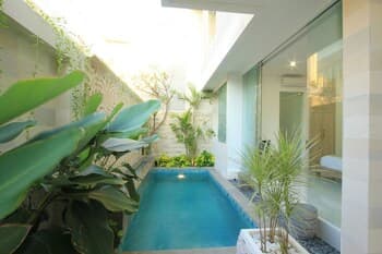 A serene tropical courtyard features a small, inviting pool surrounded by lush greenery and modern glass walls, ideal for a relaxing vacation retreat.