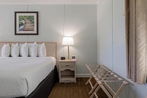 A cozy hotel room features a neatly made bed beside a wooden nightstand with a lamp, framed artwork on the wall, and a drying rack, ideal for travelers seeking comfort and convenience.