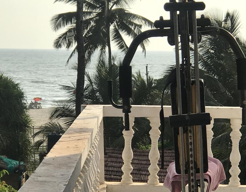 A serene coastal balcony view framed by palm trees and the ocean, featuring a workout machine and white balustrades, ideal for travelers seeking relaxation and fitness in tropical settings.