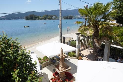 A serene coastal scene features a charming patio with umbrellas, lush greenery, and palm trees overlooking a tranquil beach and turquoise waters, ideal for a relaxing seaside getaway.