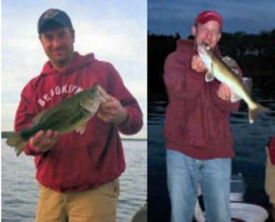 Two anglers proudly display their freshly caught fish against the serene backdrop of a calm lake at dusk, capturing the essence of a peaceful fishing trip ideal for outdoor enthusiasts.