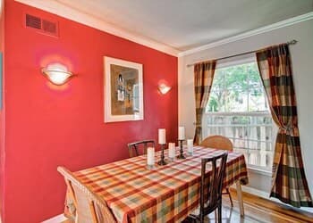 A cozy dining room with vibrant red walls, plaid curtains, and a matching tablecloth invites travelers seeking a warm, homey atmosphere for intimate gatherings or family meals.