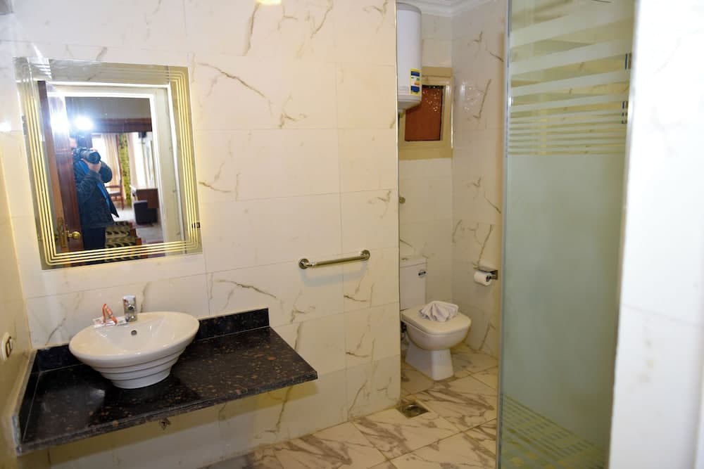 A luxurious bathroom with marble walls and flooring features a sleek sink, a modern shower with frosted glass, and a toilet with a grab bar, ideal for travelers seeking comfort and accessibility in their accommodations.