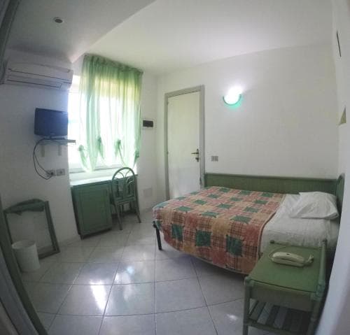 A cozy hotel room with a checkered bedspread, green furnishings, and a window with curtains offers a comfortable stay for travelers seeking simplicity and functionality.