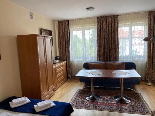 A cozy hotel room features a wooden wardrobe, patterned curtains framing a window view, a blue sofa bed, and a table on a rug, creating a welcoming atmosphere ideal for travelers seeking comfort and convenience.