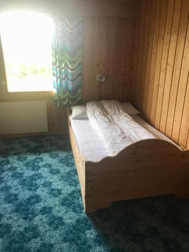 A cozy cabin bedroom with wooden walls, a simple bed, vibrant blue carpet, and colorful curtains by the window, ideal for a serene getaway retreat.