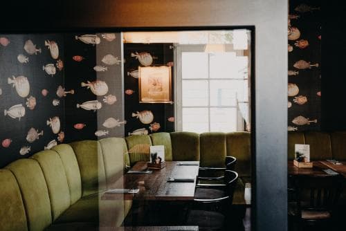 A cozy restaurant interior features green velvet booths against a whimsical fish-patterned wall, bathed in soft natural light from a large window, ideal for a romantic dinner or intimate gathering.