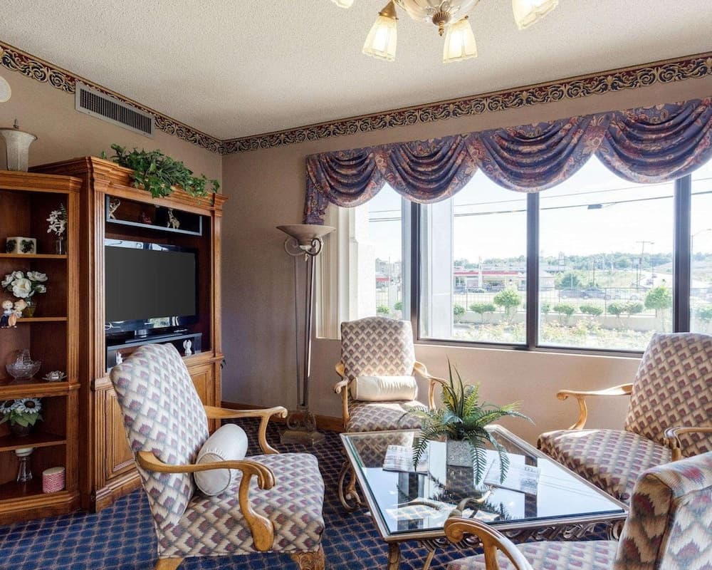 A cozy hotel lounge features patterned armchairs, a glass coffee table with a potted plant, a wooden entertainment center, and large windows offering a view of the outdoors, ideal for travelers seeking relaxation and comfort.