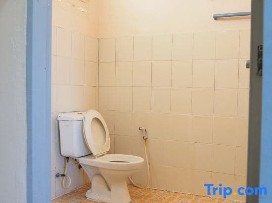 A simple bathroom with tiled walls, a white toilet, and a handheld showerhead offers a functional space for travelers seeking basic amenities in budget accommodations.