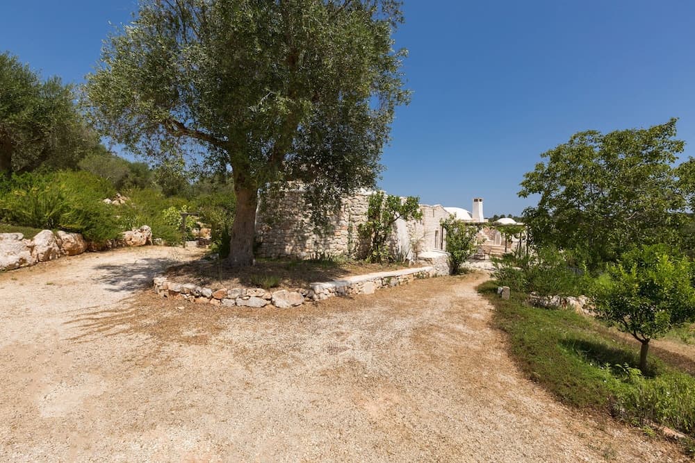 A serene rural path lined with lush greenery and stone walls leads to a charming white building under a clear blue sky, ideal for travelers seeking peaceful countryside retreats.