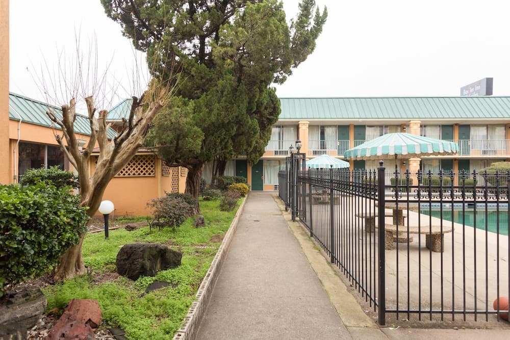 A serene motel courtyard features a paved pathway lined with lush greenery and a fenced pool area under a striped canopy, ideal for travelers seeking a tranquil stay.