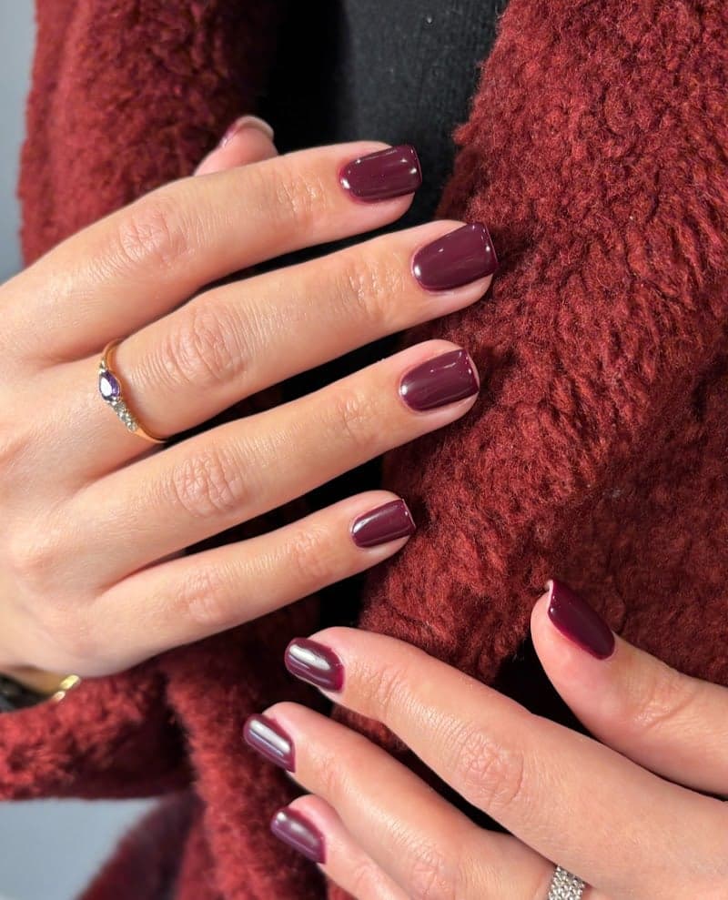 A close-up of hands adorned with elegant burgundy nail polish and rings, set against a cozy red textured fabric, captures the refined ambiance of a beauty salon in Budapest, perfect for travelers seeking luxurious manicure experiences.