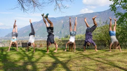 A group of people performs handstands on a grassy lawn under a clear sky, surrounded by scenic mountains, creating an uplifting and active outdoor retreat atmosphere ideal for wellness and adventure travelers.
