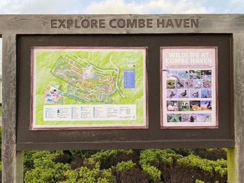 A welcoming wooden signboard invites visitors to explore Combe Haven, showcasing a detailed map and wildlife illustrations amidst lush greenery, perfect for nature enthusiasts seeking an educational outdoor adventure.