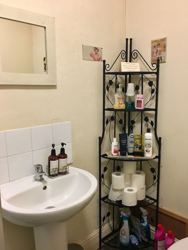 A cozy bathroom corner features a white pedestal sink, a black shelving unit stocked with toiletries and toilet paper, framed by vintage-style posters, ideal for travelers seeking a quaint and organized accommodation space.