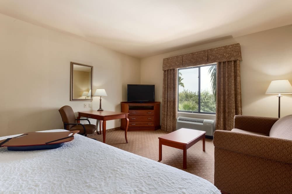 A cozy hotel room features a neatly made bed, wooden furniture, a flat-screen TV, and a window view of lush greenery, ideal for travelers seeking comfort and relaxation.