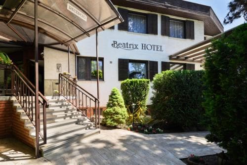 A charming hotel entrance with a staircase, lush greenery, and a welcoming facade offers travelers a cozy retreat in a serene setting.