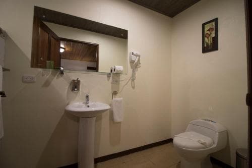 A cozy hotel bathroom features a white pedestal sink, toilet, wall-mounted hairdryer, and a wooden-framed mirror, creating a functional and inviting space for travelers seeking comfort.