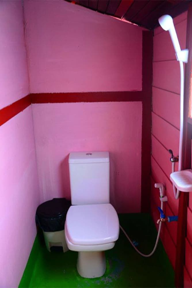 A cozy bathroom with vibrant pink walls, a white toilet, green flooring, and a handheld shower offers a unique and cheerful accommodation amenity for travelers seeking quirky stays.
