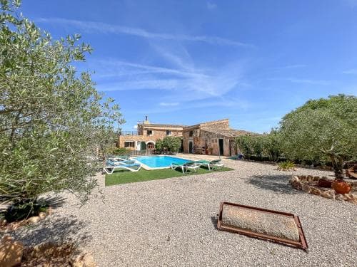 A serene Mediterranean villa with a sparkling pool, surrounded by lush olive trees under a clear blue sky, offers an idyllic retreat for luxury travelers seeking relaxation.
