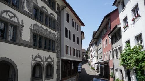 A charming narrow street lined with historic buildings featuring ornate facades and flower-adorned windows creates a picturesque European town atmosphere, ideal for cultural exploration and photography.