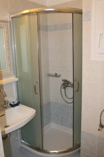 A cozy bathroom features a modern glass-enclosed shower with chrome fixtures, tiled walls, and a sink with a mirror, ideal for travelers seeking comfort in compact spaces.