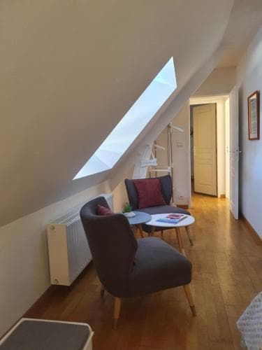 A cozy attic room with wooden floors, a skylight, and comfortable seating creates an inviting atmosphere perfect for a relaxing getaway or a quiet work-from-home space.