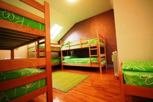 A cozy dormitory-style room with wooden bunk beds adorned in green bedding, set under a sloped ceiling, offers a budget-friendly accommodation option for travelers seeking a communal and vibrant atmosphere.