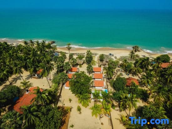 A serene tropical beachfront resort with vibrant turquoise waters, lush palm trees, and charming red-roofed bungalows offers an idyllic getaway for travelers seeking relaxation and natural beauty.