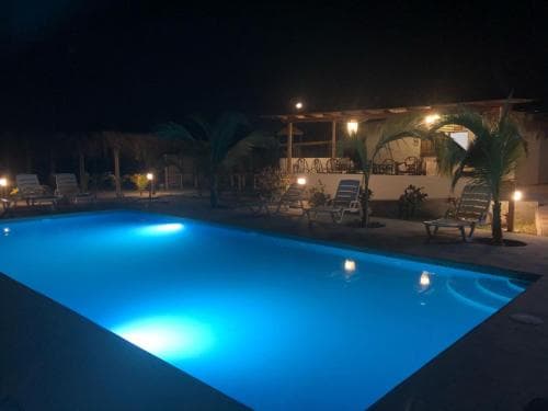 A serene night scene at a tropical resort features a glowing blue pool surrounded by palm trees, lounge chairs, and warm string lights, ideal for travelers seeking relaxation and luxury.