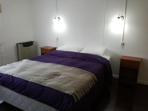 A cozy bedroom with a neatly made bed adorned in purple bedding, flanked by wooden nightstands under bright wall-mounted lamps, ideal for travelers seeking a comfortable and minimalist accommodation.