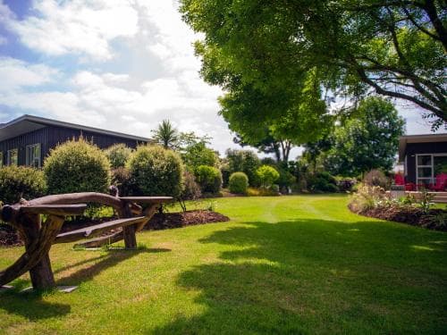 A serene suburban backyard features lush green grass, a rustic wooden bench, and mature trees, creating a peaceful retreat ideal for family gatherings or relaxation.