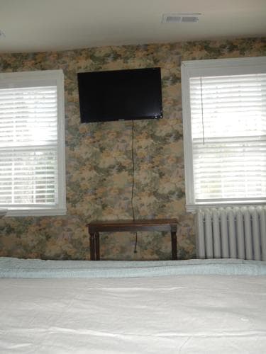 A cozy hotel room features floral wallpaper, a mounted TV above a small table, two windows with blinds, and a radiator, creating a comfortable and functional space for travelers seeking relaxation.