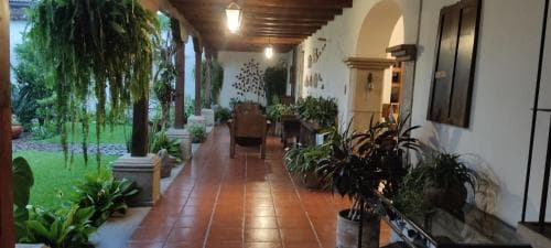 A serene courtyard hallway lined with lush greenery and terracotta tiles evokes a tranquil atmosphere, ideal for travelers seeking a peaceful retreat in a historic lodge setting.