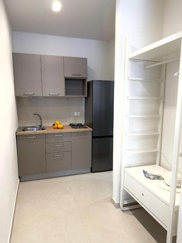 A cozy modern kitchenette with sleek gray cabinets, a stainless steel sink, and a refrigerator is complemented by a bright white shelving unit, ideal for short-term travelers seeking a compact yet functional living space.