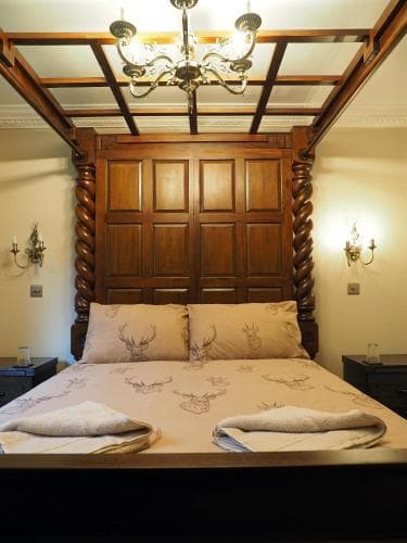 A cozy hotel room features an ornate wooden four-poster bed adorned with deer-patterned bedding, set under a glass ceiling with a chandelier, ideal for travelers seeking a charming and intimate stay.