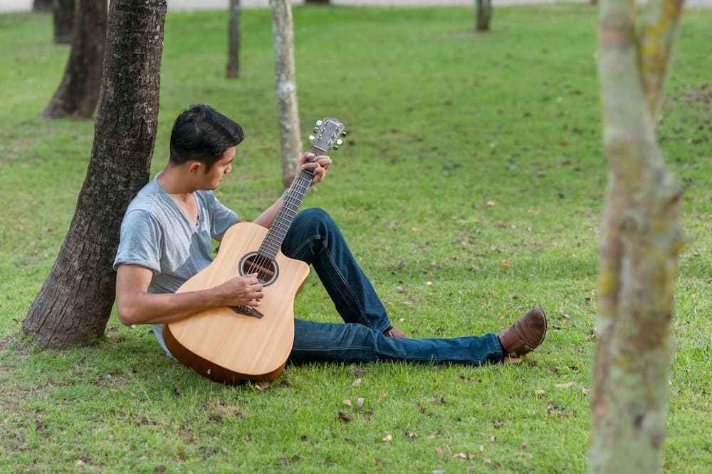 A serene park scene captures a young man playing an acoustic guitar while leaning against a tree, ideal for travelers seeking peaceful outdoor music spots.