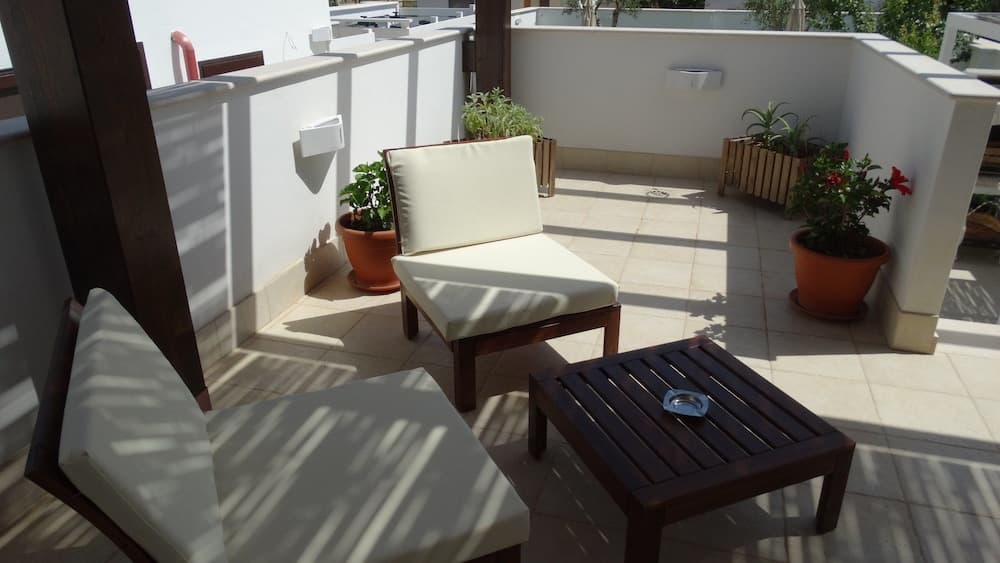 A serene rooftop terrace features cozy cushioned chairs, potted plants, and a wooden table, ideal for relaxing under the sun's warm glow during a leisurely getaway.