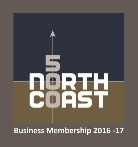 A minimalist graphic featuring "5 NORTH COAST" with a directional arrow, ideal for business networking events or membership promotions in professional settings.
