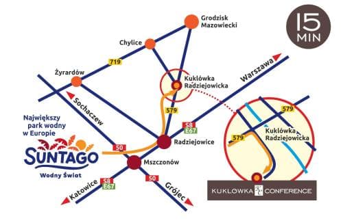 A vibrant map highlights the accessible routes to Europe's largest water park, Suntago, showcasing its proximity to Warsaw within 15 minutes, ideal for travelers seeking aquatic adventures and conference attendees at Kukłówka Radziejowicka.
