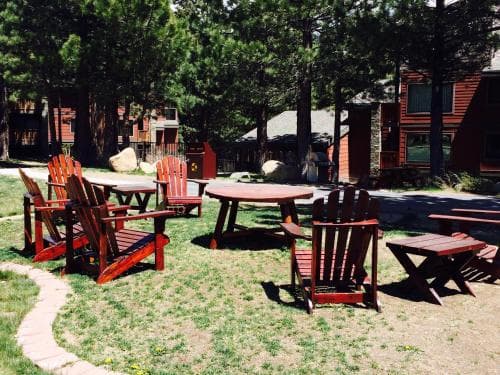 A serene outdoor seating area surrounded by tall pine trees and rustic cabins offers a cozy retreat with red Adirondack chairs and picnic tables, perfect for a relaxing getaway in nature.