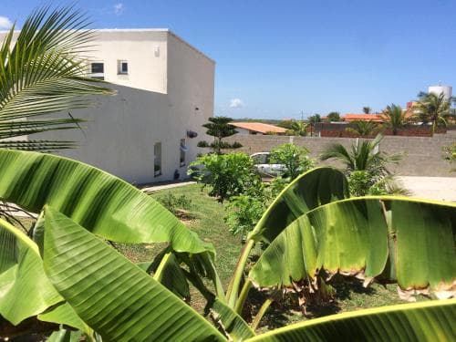 A serene tropical garden with lush banana leaves frames a modern white building under a clear blue sky, ideal for a relaxing vacation retreat.